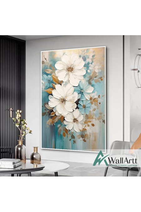 White Blue Flowers with Gold Leaves II 3d Heavy Textured Partial Oil Painting